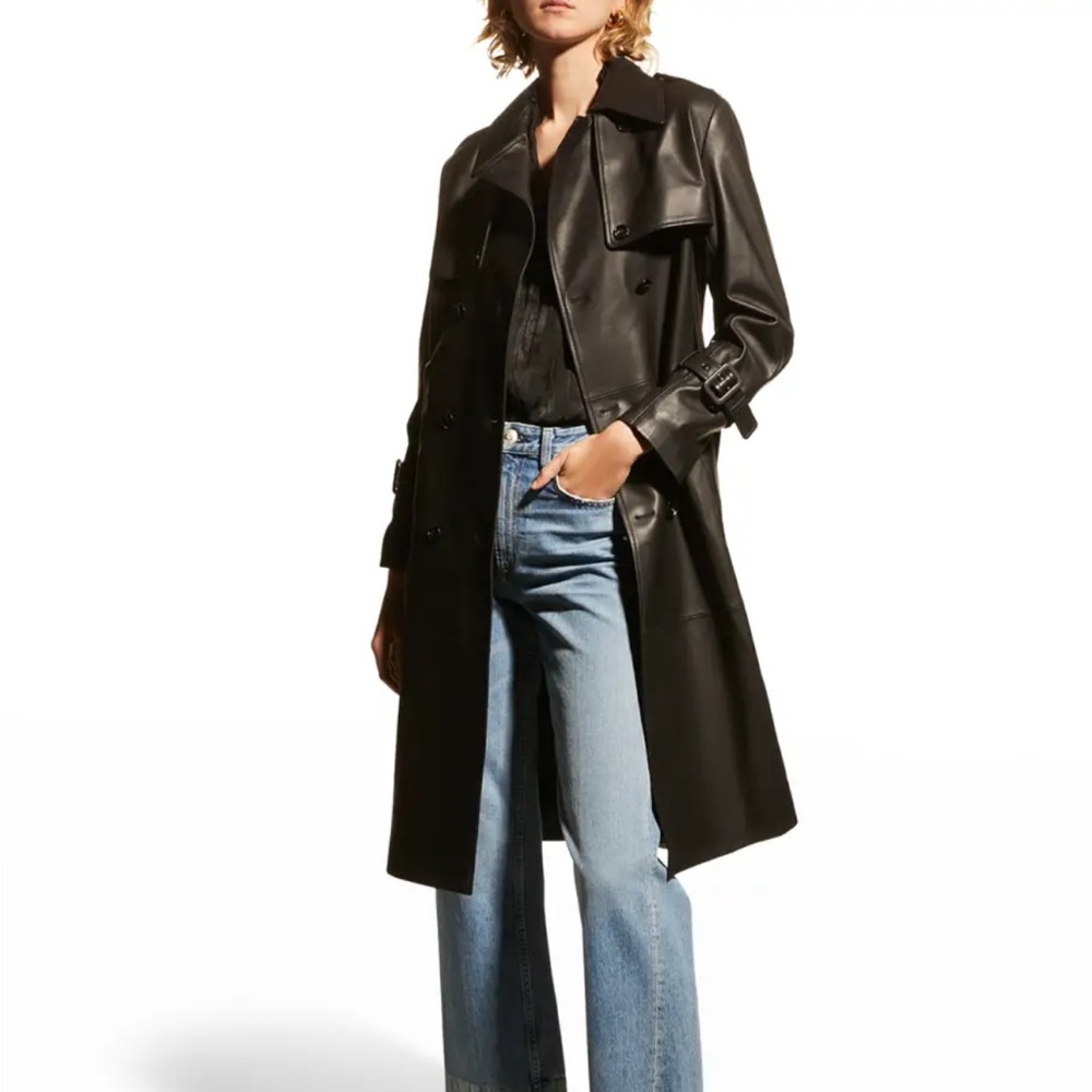 Kobi Halperin Ezra Black Real Leather Trench Coat Size S New